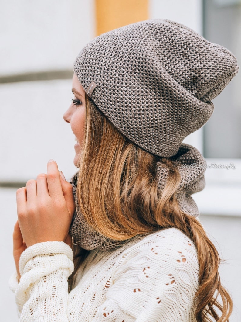 Women Hat and Scarf Infinity White Wool Knitted Set Black Etsy