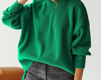 Green oversized sweater - Cotton soft pullover sweaters -  Classic and Chic knitted sweater - Fall spring sweaters