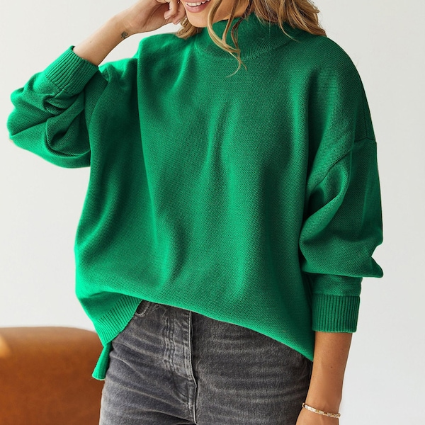 Pull surdimensionné vert - Pulls pull doux en coton - Pull tricoté classique et chic - Pulls printemps automne