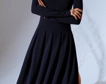 Stylish Midi Dress for Women with Trendy Folds - Feminine and Flattering Design - Dark blue spring dress casual wear