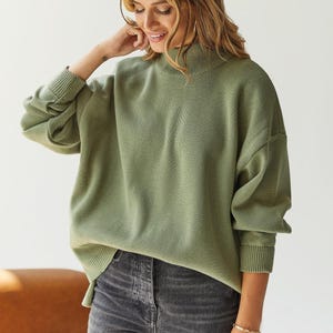Puede incluir: Un su&eacute;ter de cuello alto verde salvia con mangas largas y un corte holgado.