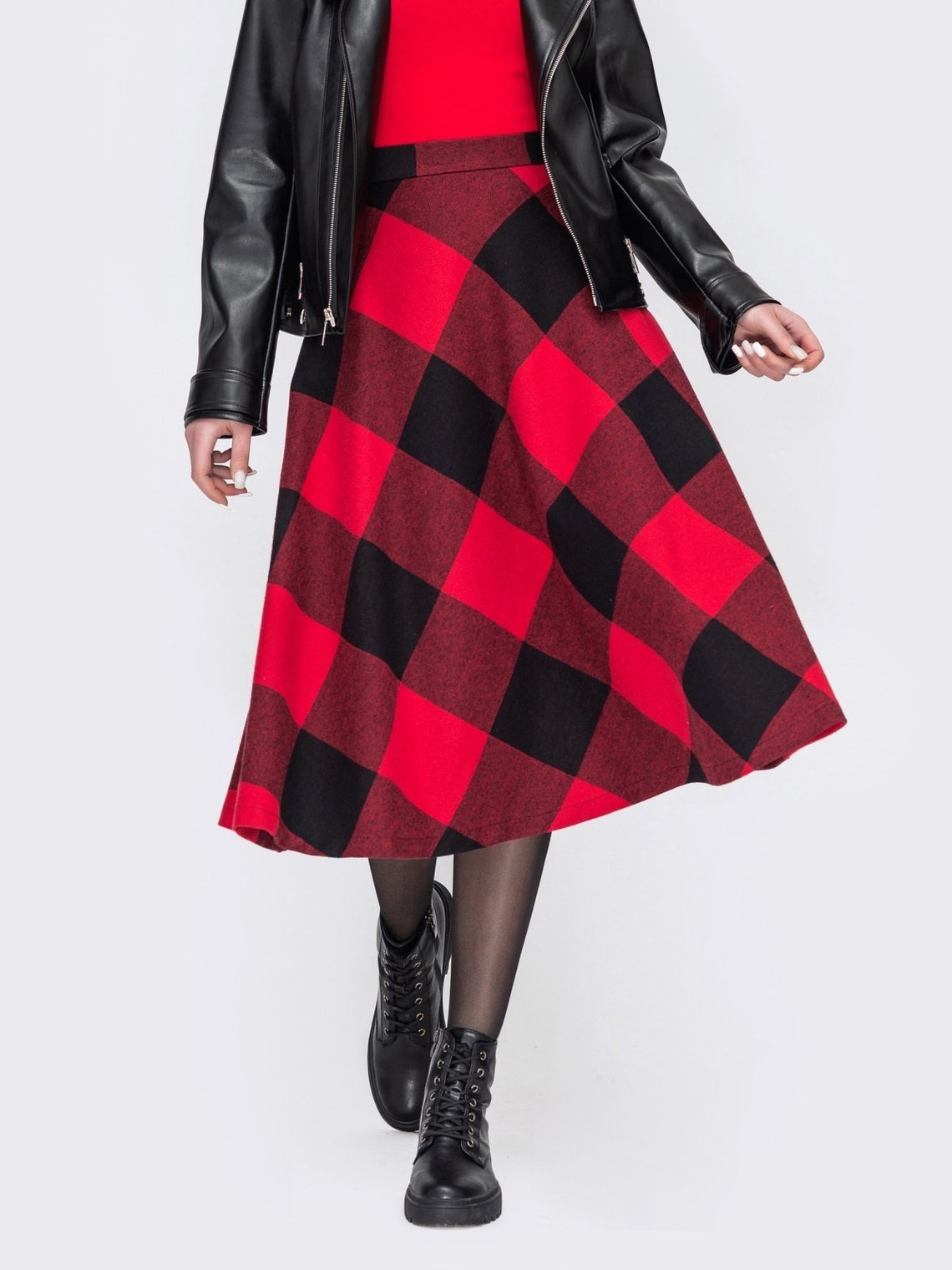 Checkered skirt for womens Black white Wool Classic below the Etsy