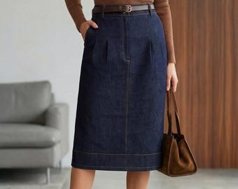 Dark Indigo Denim Midi Skirt with Pleats - Elegant Smart Casual Wear