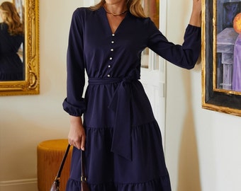 Robe en jersey à plusieurs niveaux avec manches longues et décolleté en V - Robe printemps-automne décontractée - Robe chic et confortable