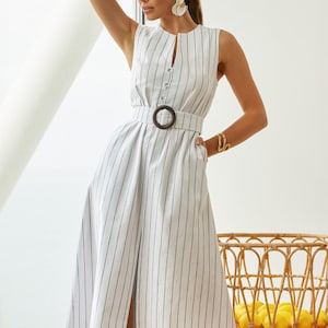 Women&#39;s Linen Midi Dress with Stripes  - Elegant summer dress casual wear - Gift for her