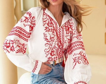 Boho Chic Hand Embroidered Cotton Blouse - Floral Design - Women's Elegant Top