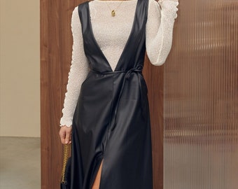 Faux Leather Midi Pinafore Dress - Edgy Minimalist Outfit for Women