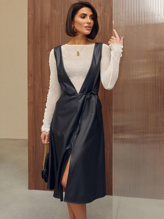 black faux leather pinafore dress Faux Leather Midi Pinafore Dress - Edgy Minimalist Outfit for Women