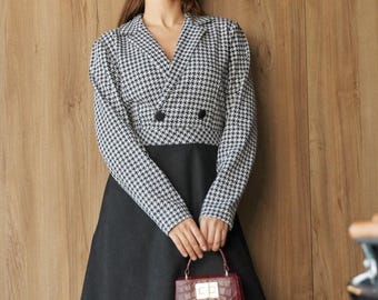 Elegant Houndstooth Women's Midi Dress with Long Sleeves - For All Occasions