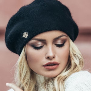 French classic beret for women - Wool angora warm hat beret - Knitted Black Winter Pink Hat - Gift for her