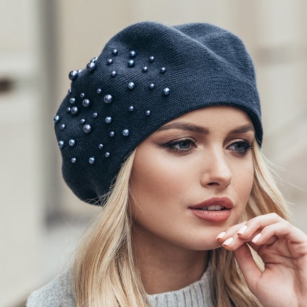 Dark blue classic beret for women Wool angora warm hat Knitted winter hat Gift for her