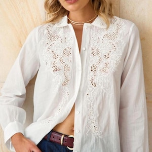 Chic White Shirt Adorned with Dainty Lace Embellishments - Classic White Blouse with Delicate Lace Details - Stylish Spring and Summer Wear