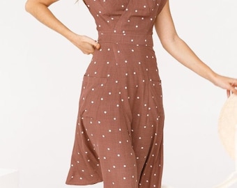 Summer polka dot dress for women - Size M - Boho cotton midi dress