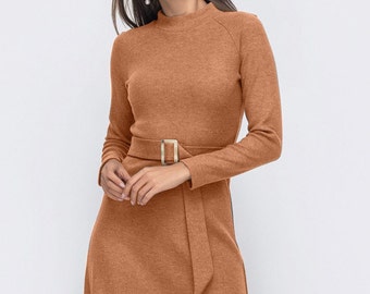 Warm winter dresses for women - Beige long sleeve knit dress - Long sleeve maxi dress casual wear