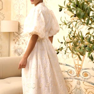 Boho White Cotton Summer Dress with Puffed Sleeves and Embroidery - Chic Summer dress for Women