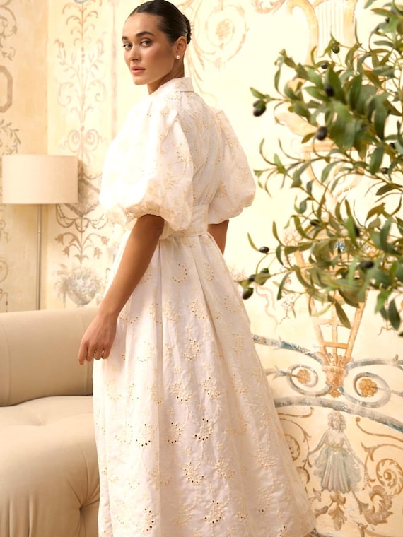 Boho White Cotton Summer Dress with Puffed Sleeves and Embroidery