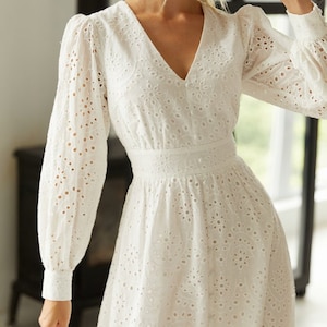 Laconic summer dress long sleeve White cotton dress for women Openwork Party dress White bridesmaids drresses image 3