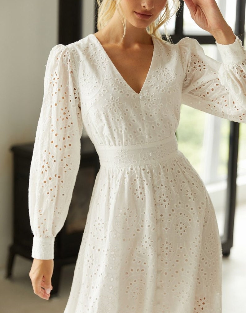 Laconic summer dress long sleeve White cotton dress for women Openwork Party dress White bridesmaids drresses image 3