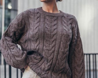 Chunky Cable Knit Sweater - Brown Oversized Wool Pullover