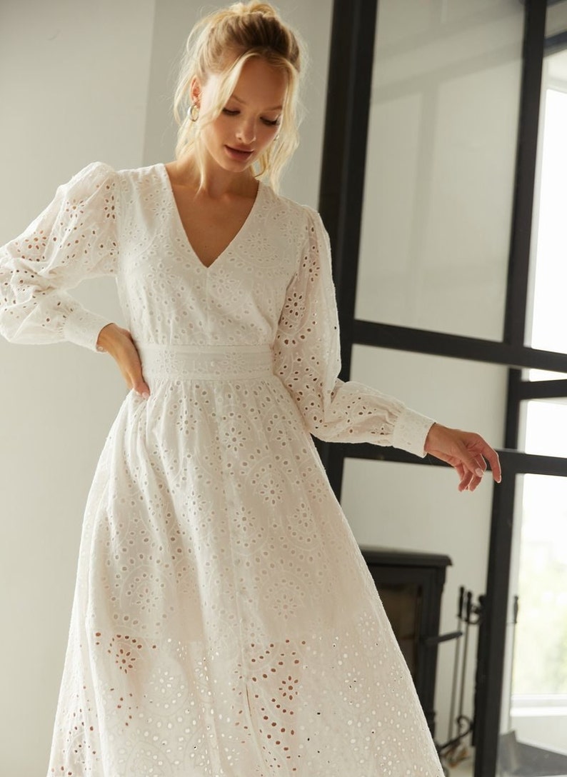 Laconic summer dress long sleeve White cotton dress for women Openwork Party dress White bridesmaids drresses image 9