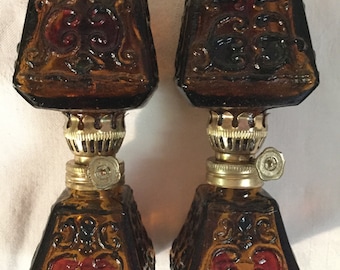 Lote de 2 lámparas de queroseno, linternas, pájaros cantores, vitrales coreanos, vintage/nuevos, miniaturas, ámbar, rojo y verde, vidrio, aceite