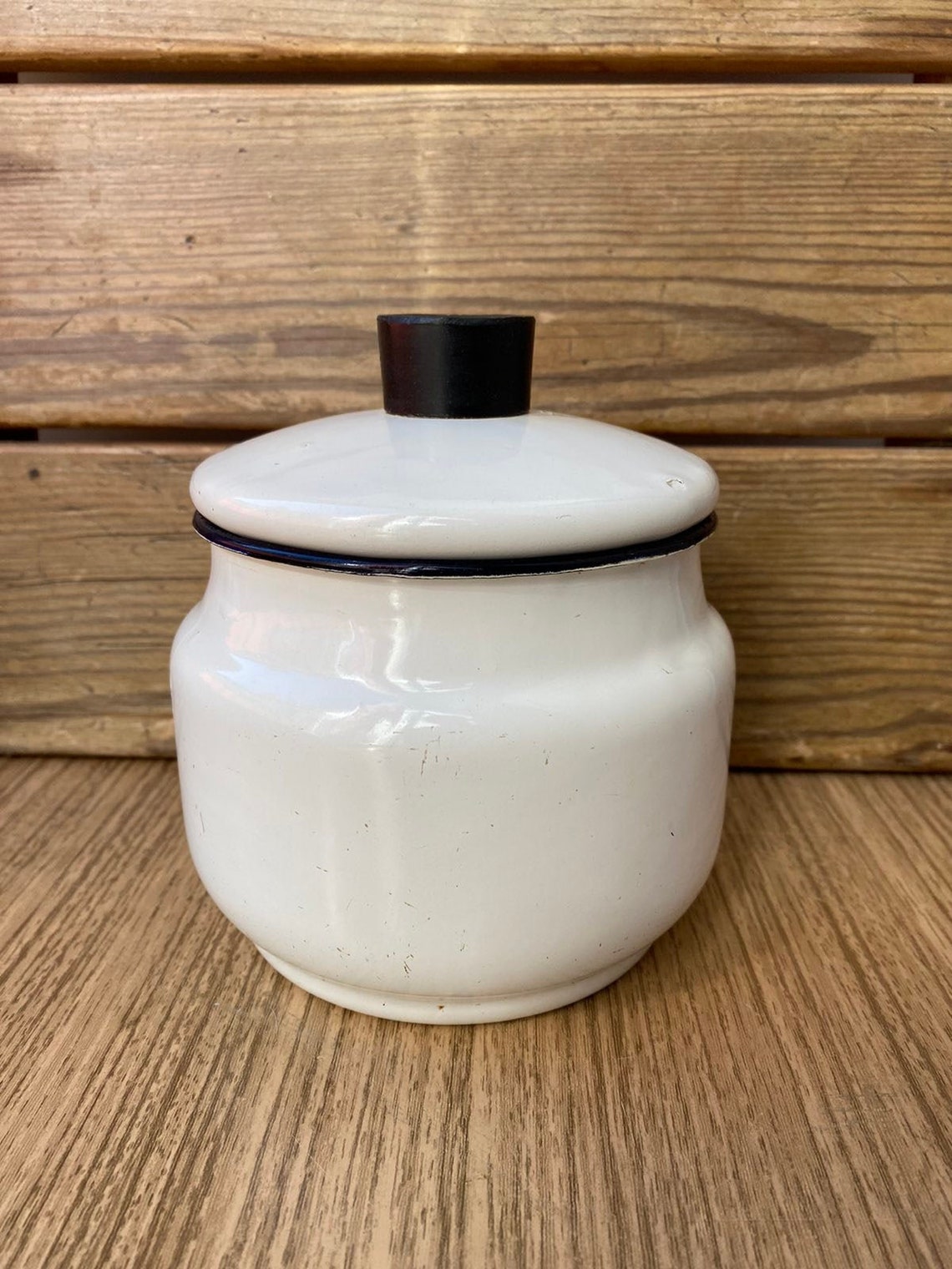 Vintage white round enamel sugar bowl with lid Soviet metal Etsy