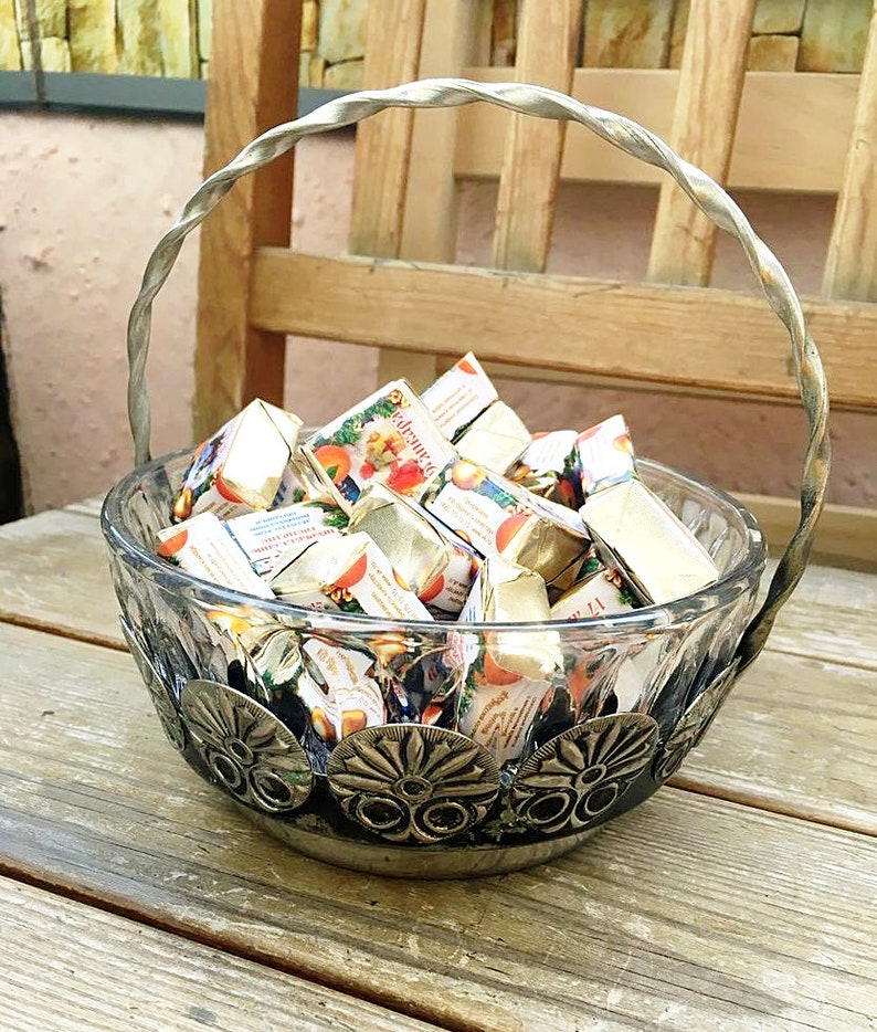 Crystal Basket Bowl Vintage USSR Vintage Soviet vase candy glass Metal Russian clear Glass Candy Bowl Candy vase dish Rare vase sweets