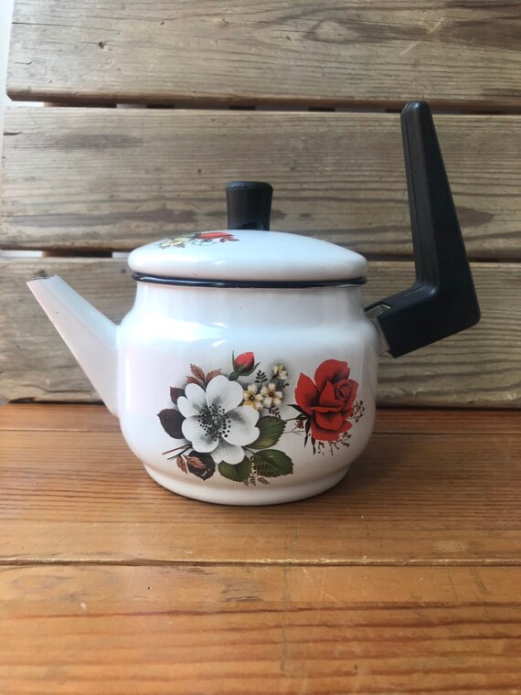 Enamel Tea Pot White Flowers Vintage Rose Tea Pot Soviet Etsy