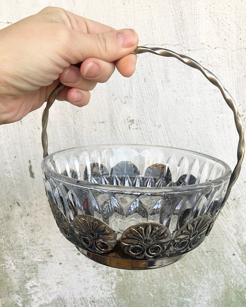 Crystal Basket Bowl Vintage USSR Vintage Soviet vase candy glass Metal Russian clear Glass Candy Bowl Candy vase dish Rare vase sweets