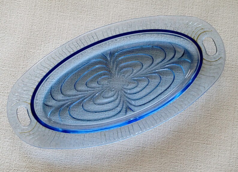 Vintage blue glass dish Oval blue dish for serving Etched Etsy