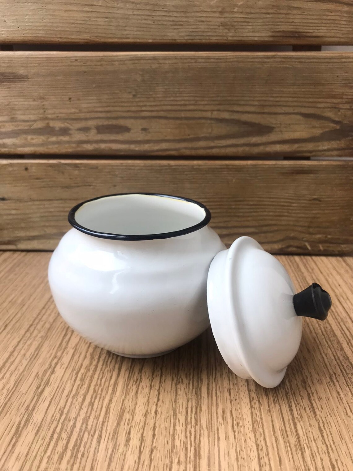 Vintage white round enamel sugar bowl with lid Soviet metal Etsy