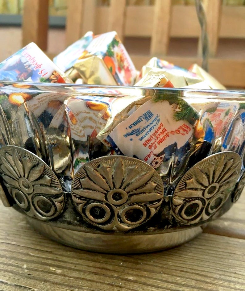 Crystal Basket Bowl Vintage USSR Vintage Soviet vase candy glass Metal Russian clear Glass Candy Bowl Candy vase dish Rare vase sweets