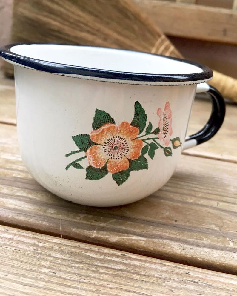 Vintage White Enamel Mug flower Rose Enamel Camping Mug Etsy