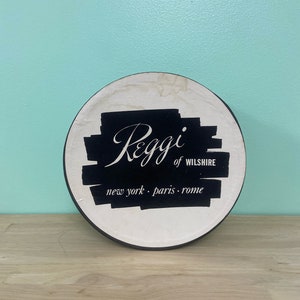 Vintage Hat Box, Reggi of Whilshire, New York, Paris, Rome, Black and White Design.
