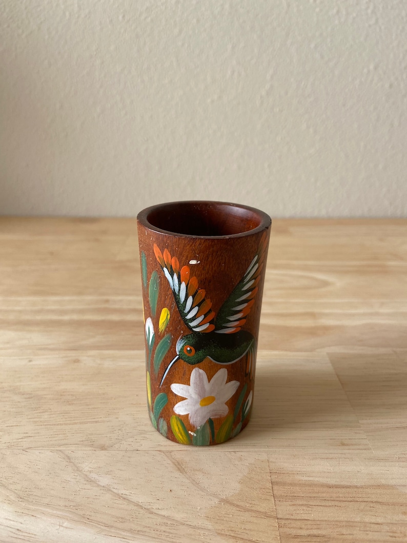 Shot Glass; Hand Painted Hummingbird Design Maybe a Pencil Cup? Vintage Costa Rica Wood Cup