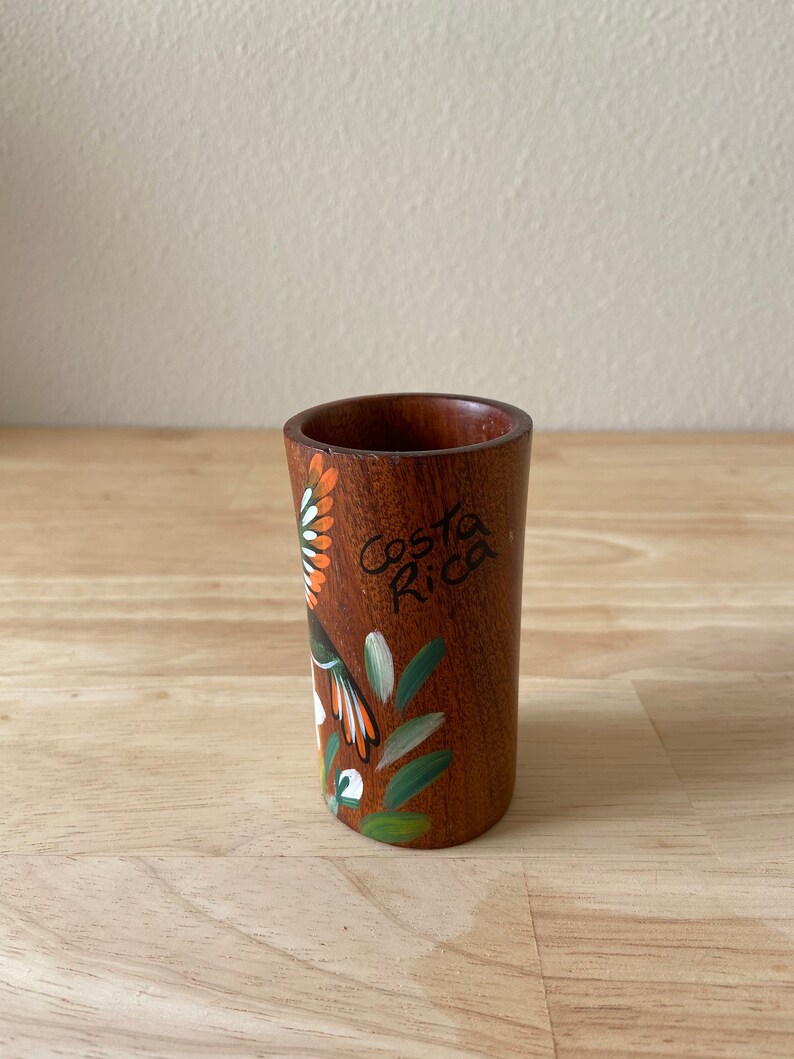 Shot Glass; Hand Painted Hummingbird Design Maybe a Pencil Cup? Vintage Costa Rica Wood Cup