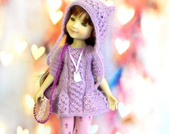 Outfit Ruby Red doll Fashion Friends Clothes dolls 15 inches 5 things-knitted tunic, hat, leggings , bag and cat pendant