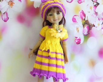 Outfit Ruby Red doll Fashion Friends 14.5 inces Clothes 15 handmade-melange knitted dress and hat yellow purple with a flower