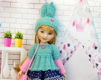 Outfit Ruby Red doll Fashion Friends 14.5 inch  Clothes handmade 15 inches dolls -4 items knitted top, hat-bunny , bag angora yarn and skirt