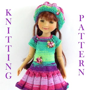 May include: Knitting pattern for a doll's dress and hat. The dress is green, purple and pink with a striped bodice and a ruffled skirt. The hat is green and pink with a flower embellishment. "Knitting Pattern" is written vertically on the left side of the image and "Pattern" is written vertically on the right side of the image.