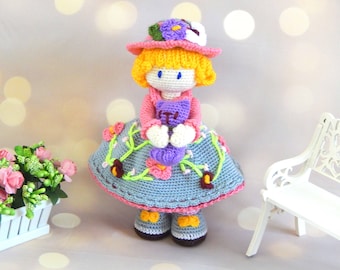 DECORATIVE CROCHET DOLL with a purple cat handmade 6.7 inces 17 cm small boudoir doll gift for her