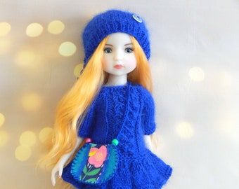 Outfit Ruby Red doll Fashion Friends 15 inces Clothes handmade 4 things-knitted tunic, hat, bag, leggings blue angora yarn