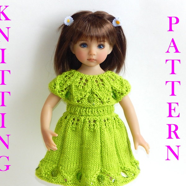 Knitting pattern dolls clothes to fit 13, 14 inch ( 32-35 cm ) doll PDF Dress "Vera" leaves pattern english