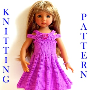 May include: Knitting pattern for a purple dress with a heart-shaped embellishment. The pattern is for a doll, and the text "KNITTING" and "PATTERN" is visible on the sides of the image.