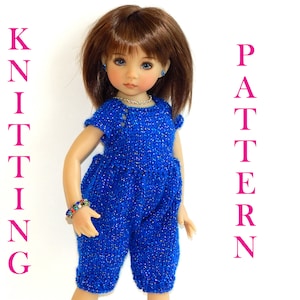 May include: Knitting pattern for a blue jumpsuit for a doll. The doll is wearing the finished jumpsuit. The pattern is called "Knitting Pattern".