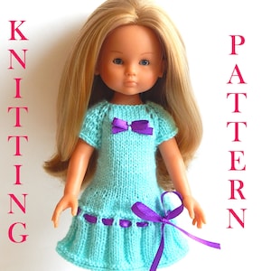 May include: Knitting pattern for a doll dress. The dress is light blue with purple ribbon accents. The pattern is titled "Knitting Pattern".
