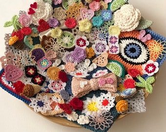 Lot 100 pcs Assorted Hand Crocheted Small,Mini Doilies, Hand Crocheted Lace Applique,Crochet Flower,Scrapbooks doilies,Junk Journal Doilies