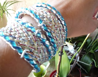 Bangle 2 laps plaited blue and Silver metallic threads