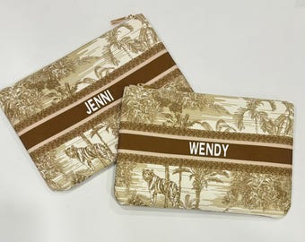 Custom Personalized Canvas light beige brown pouches zippered holiday bridal birthday gift
