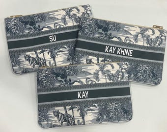 Custom Navy Toile Canvas Pouch: Personalized Zippered Teacher Mothers Day Gift